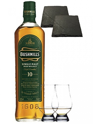 Bushmills 10 Jahre Matured in Two Woods 0,7 Liter + 2 Glencairn Gläser + 2 Schieferuntersetzer quadratisch ca. 9,5 cm - 