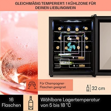 Klarstein Shiraz - Weinkühlschrank 5-18 °C, 42 dB, Soft-Touch-Bedienfeld, Weinschrank mit LED-Beleuchtung, wine fridge freistehend, 3 Regaleinschübe, 42 Liter, für 16 Flaschen Wein, schwarz - 3