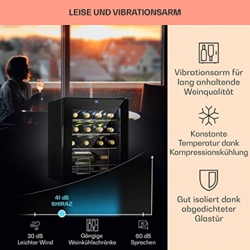 Klarstein Shiraz - Weinkühlschrank 5-18 °C, 42 dB, Soft-Touch-Bedienfeld, Weinschrank mit LED-Beleuchtung, wine fridge freistehend, 3 Regaleinschübe, 42 Liter, für 16 Flaschen Wein, schwarz - 4