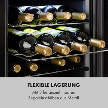 Klarstein Shiraz - Weinkühlschrank 5-18 °C, 42 dB, Soft-Touch-Bedienfeld, Weinschrank mit LED-Beleuchtung, wine fridge freistehend, 3 Regaleinschübe, 42 Liter, für 16 Flaschen Wein, schwarz - 7